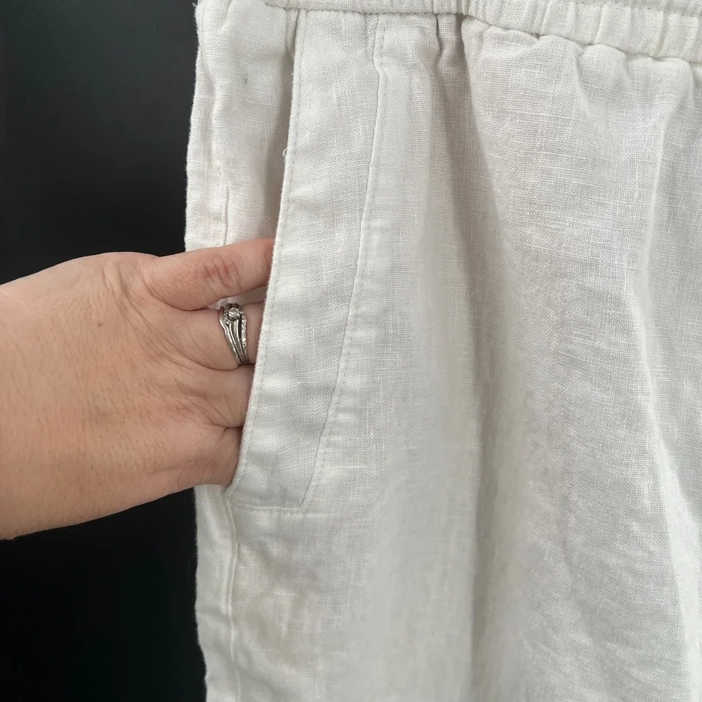 Zara 100% linen white pants tapered leg coastal grandma natural boho casual‎ L